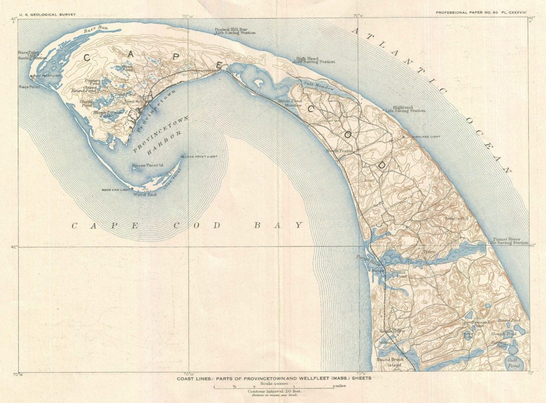 1908 US Geological Survey Map of Provincetown, Truro, & part of