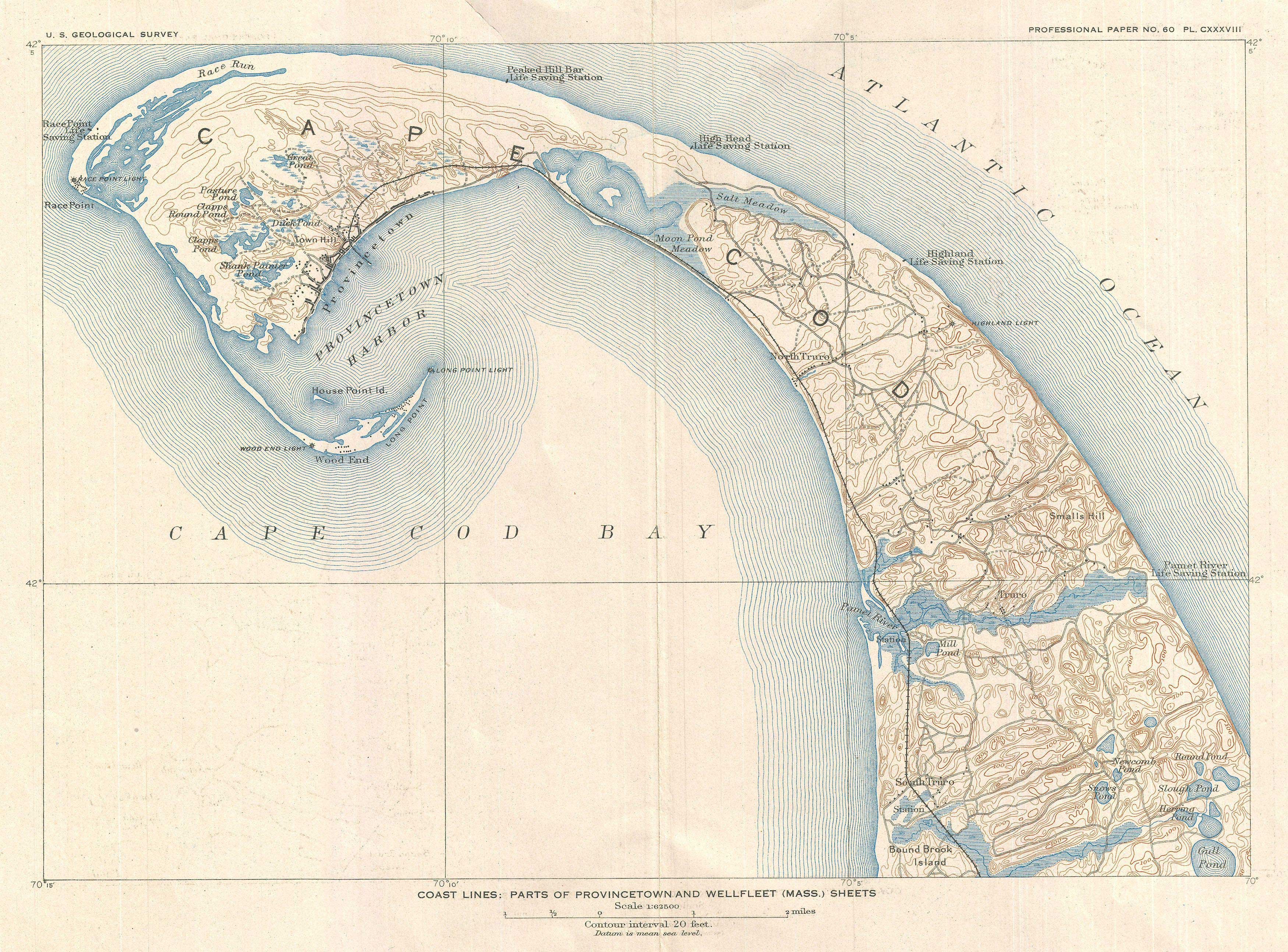1908 US Geological Survey Map of Provincetown, Truro, & part of